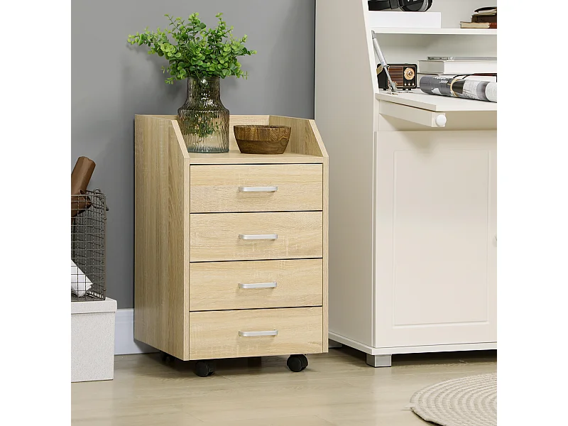 Cassettiera per ufficio a 4 cassetti con rotelle colore legno