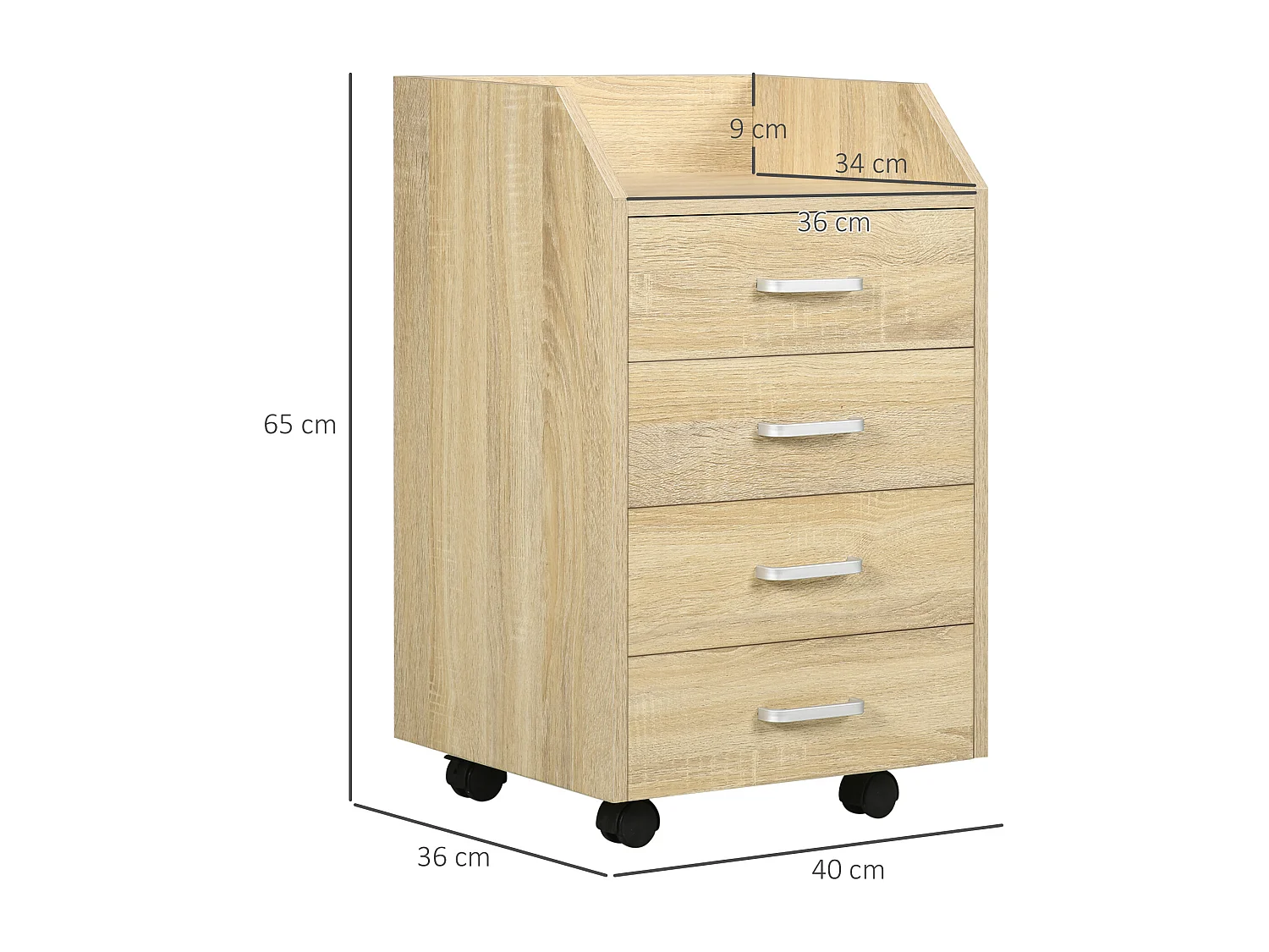 Cassettiera per ufficio a 4 cassetti con rotelle colore legno