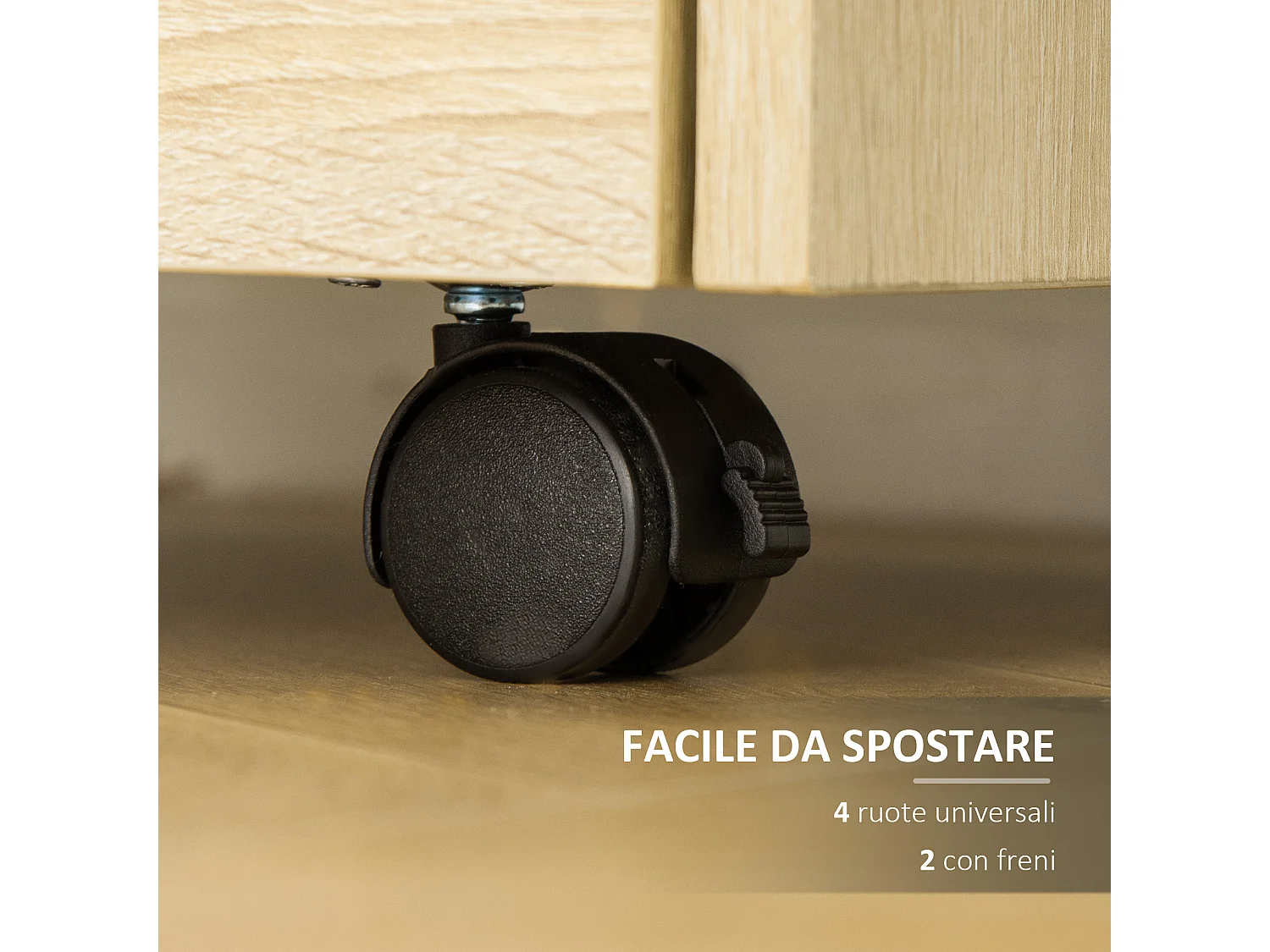 Cassettiera per ufficio a 4 cassetti con rotelle colore legno