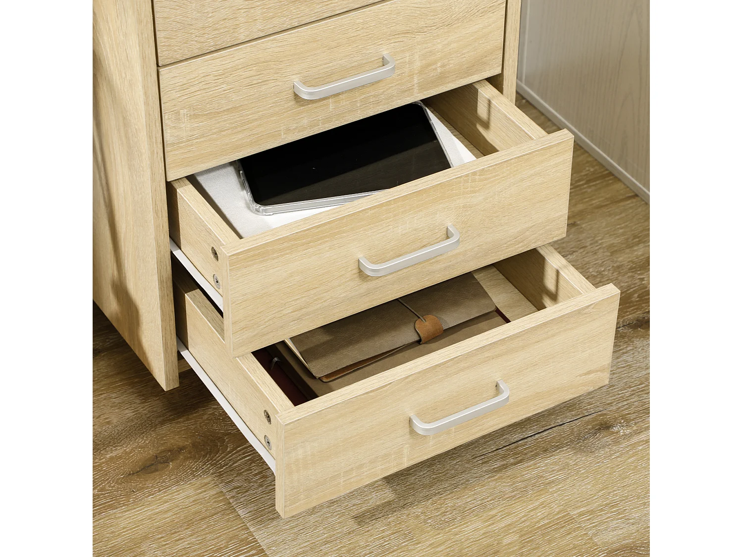 Cassettiera per ufficio a 4 cassetti con rotelle colore legno