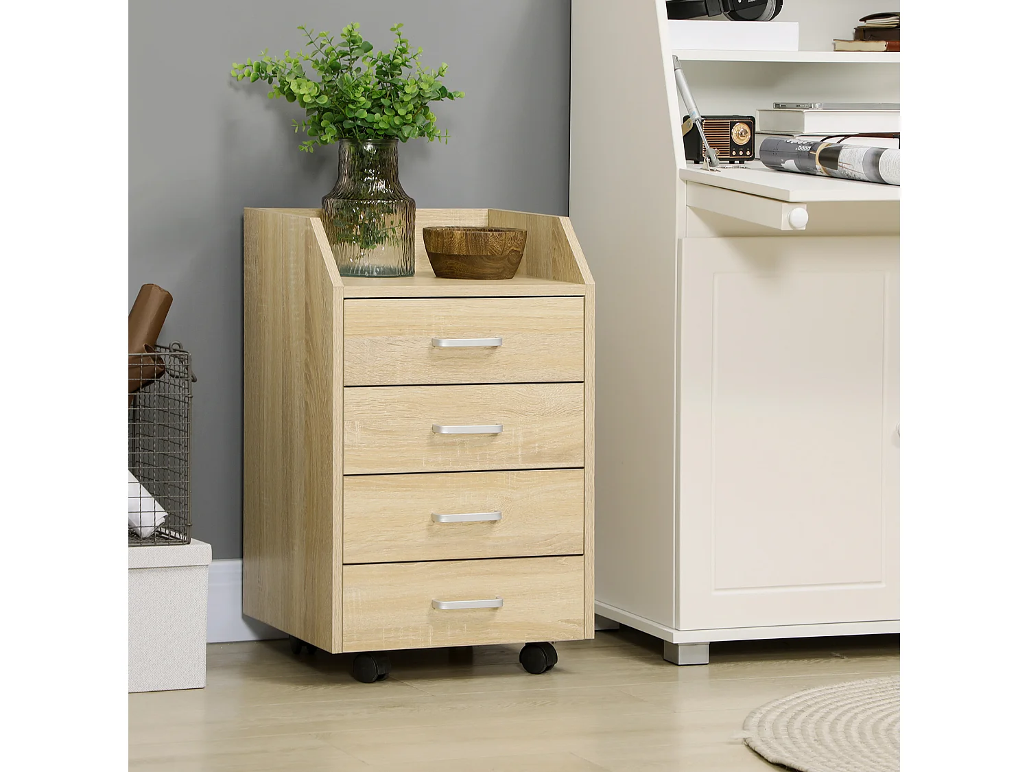 Cassettiera per ufficio a 4 cassetti con rotelle colore legno