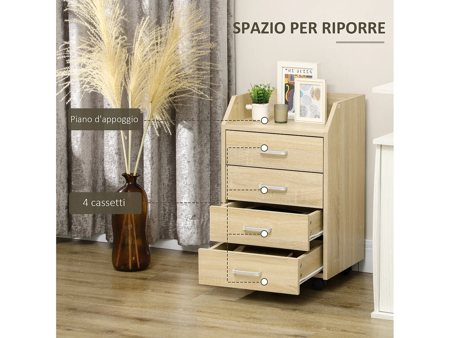 Cassettiera per ufficio a 4 cassetti con rotelle colore legno