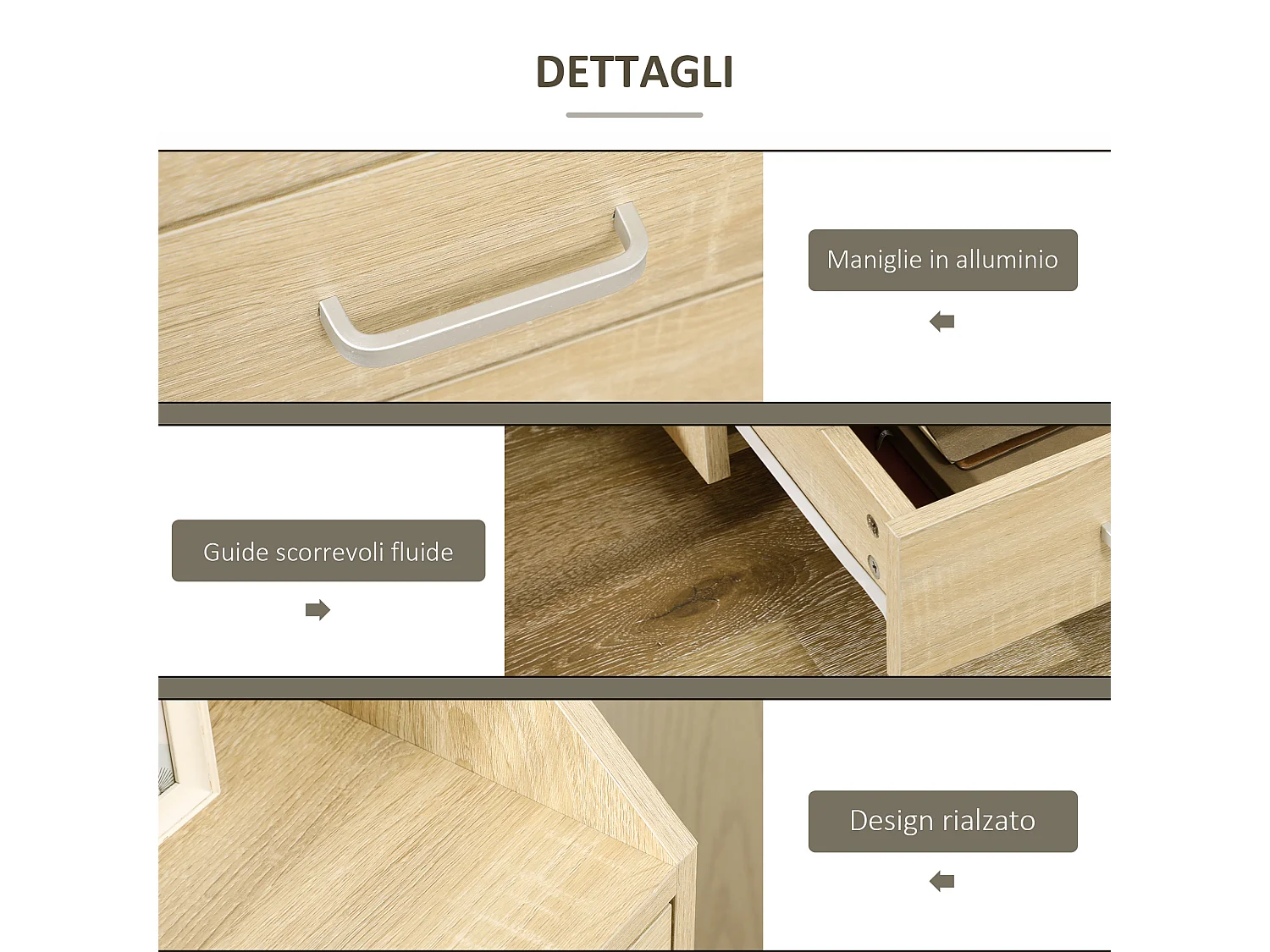 Cassettiera per ufficio a 4 cassetti con rotelle colore legno