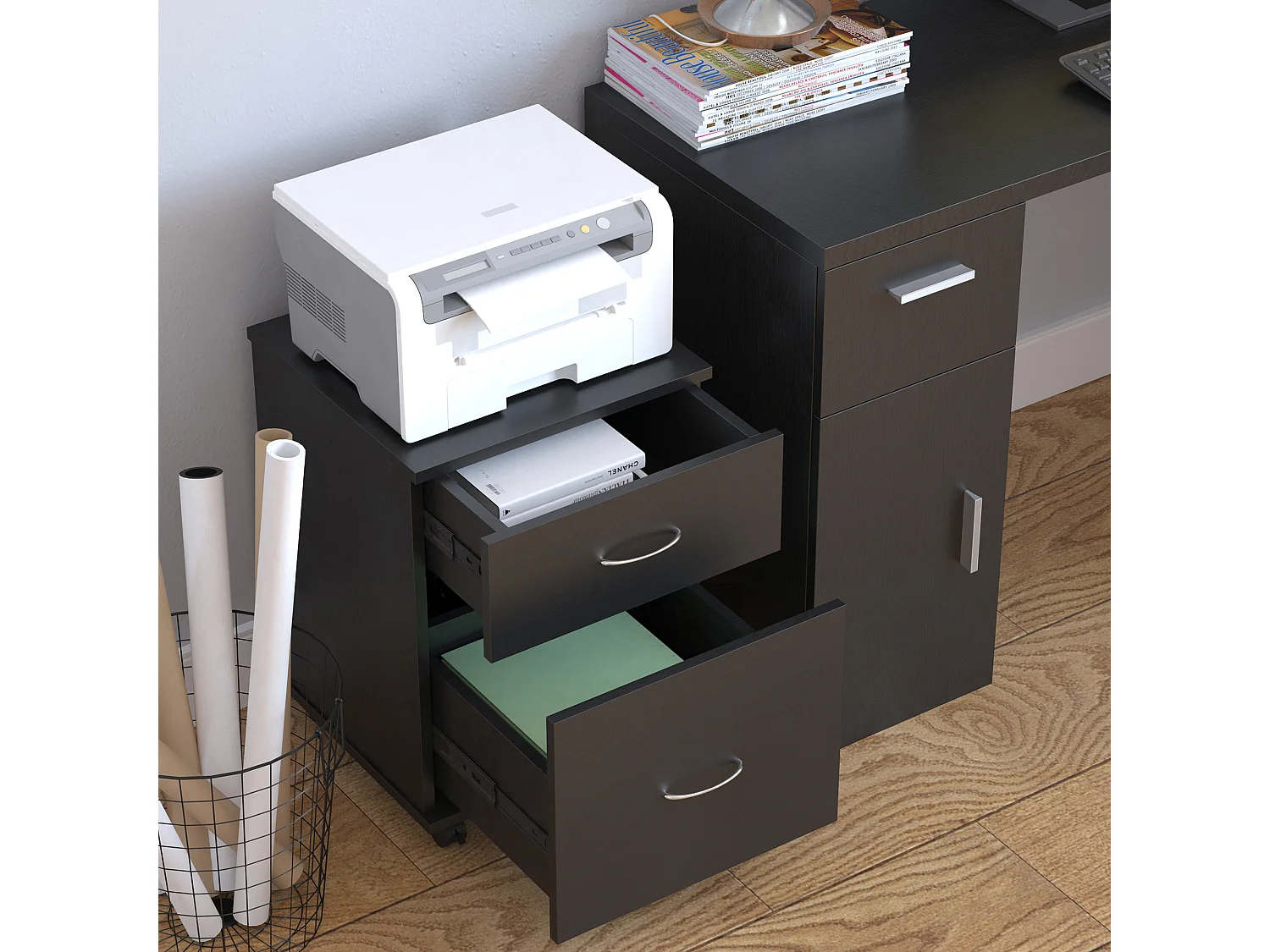 Cassettiera ufficio e casa 2 cassetti e ruote con freno in legno nero