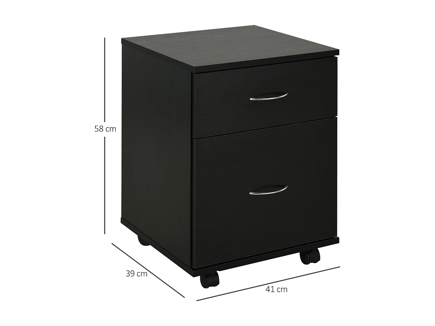 Cassettiera ufficio e casa 2 cassetti e ruote con freno in legno nero