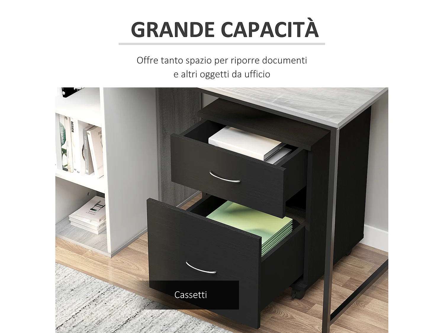 Cassettiera ufficio e casa 2 cassetti e ruote con freno in legno nero