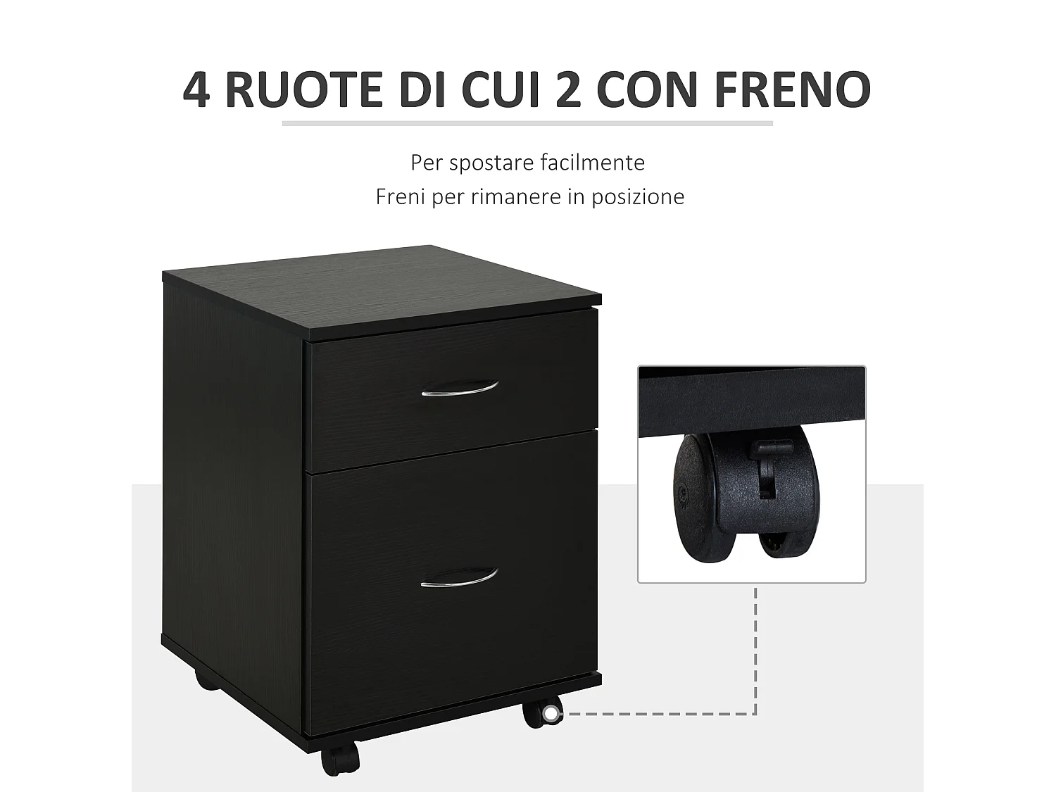 Cassettiera ufficio e casa 2 cassetti e ruote con freno in legno nero