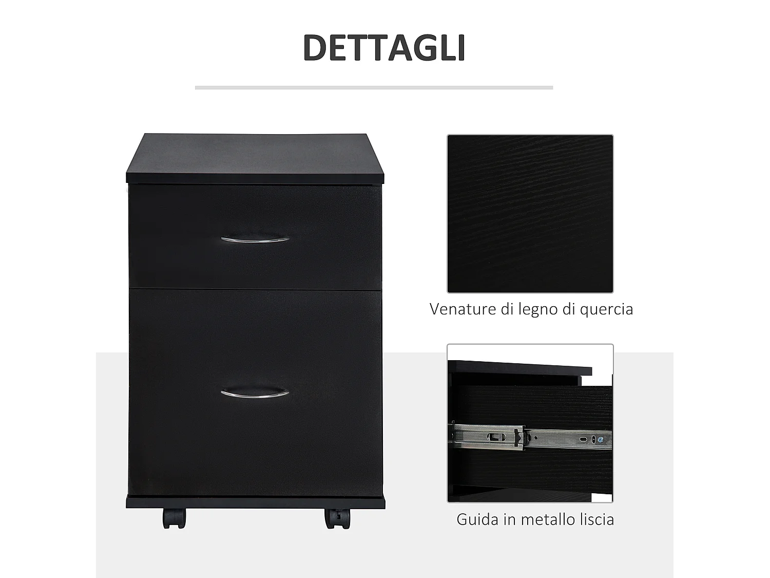 Cassettiera ufficio e casa 2 cassetti e ruote con freno in legno nero