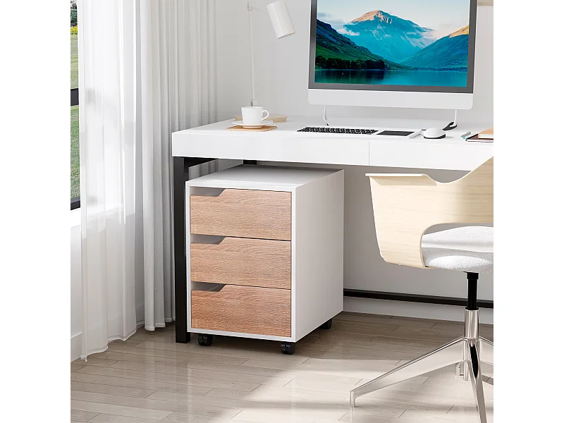 Cassettiera 3 cassetti bianca e color legno con 4 ruote