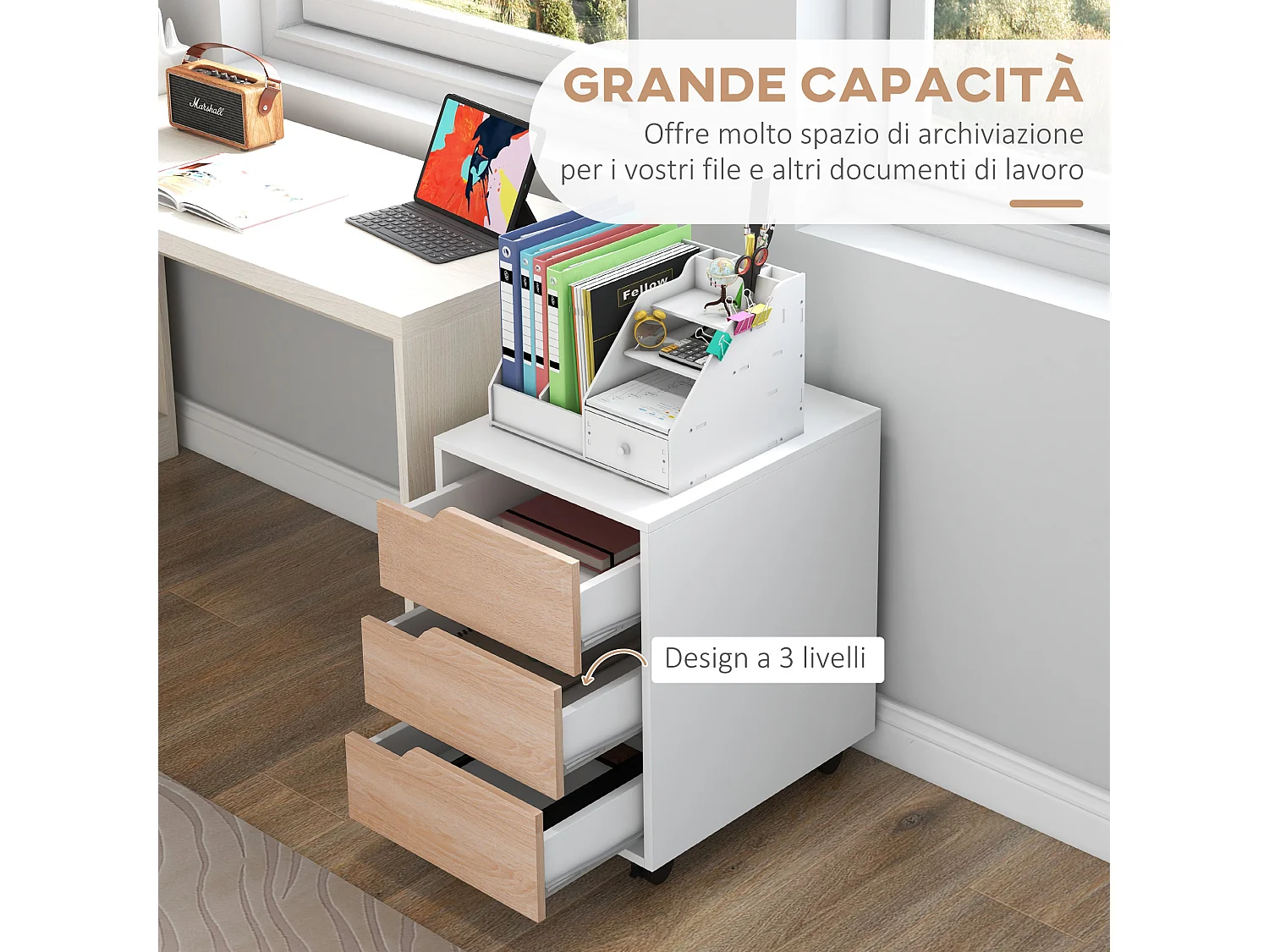 Cassettiera 3 cassetti bianca e color legno con 4 ruote