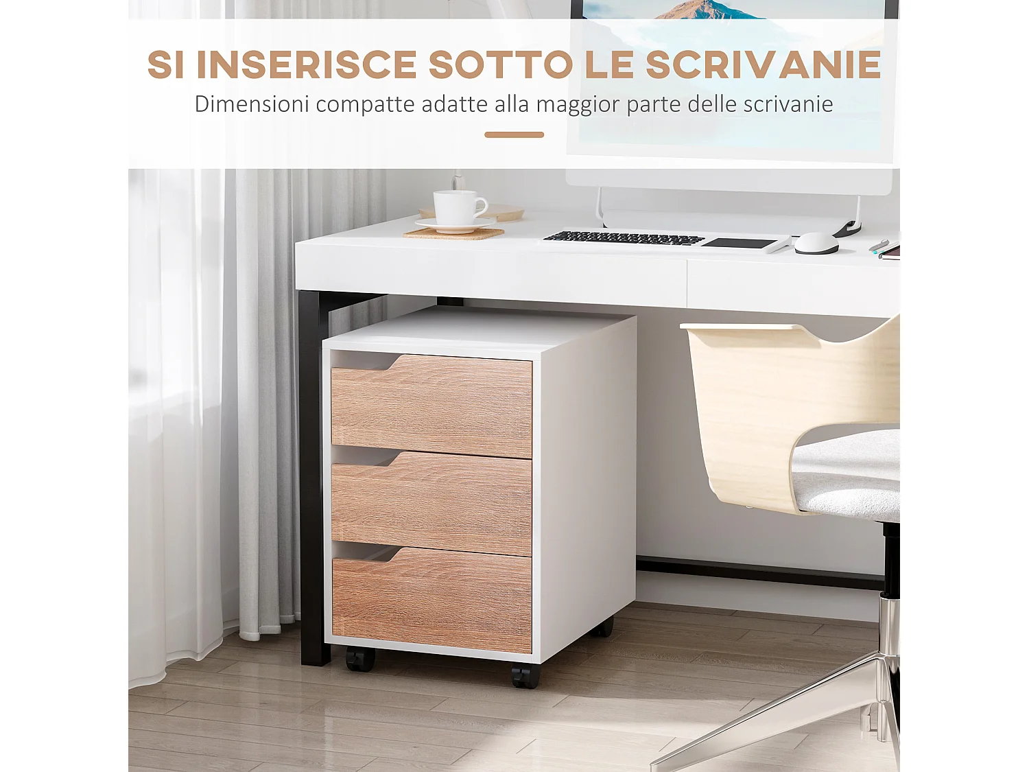 Cassettiera 3 cassetti bianca e color legno con 4 ruote