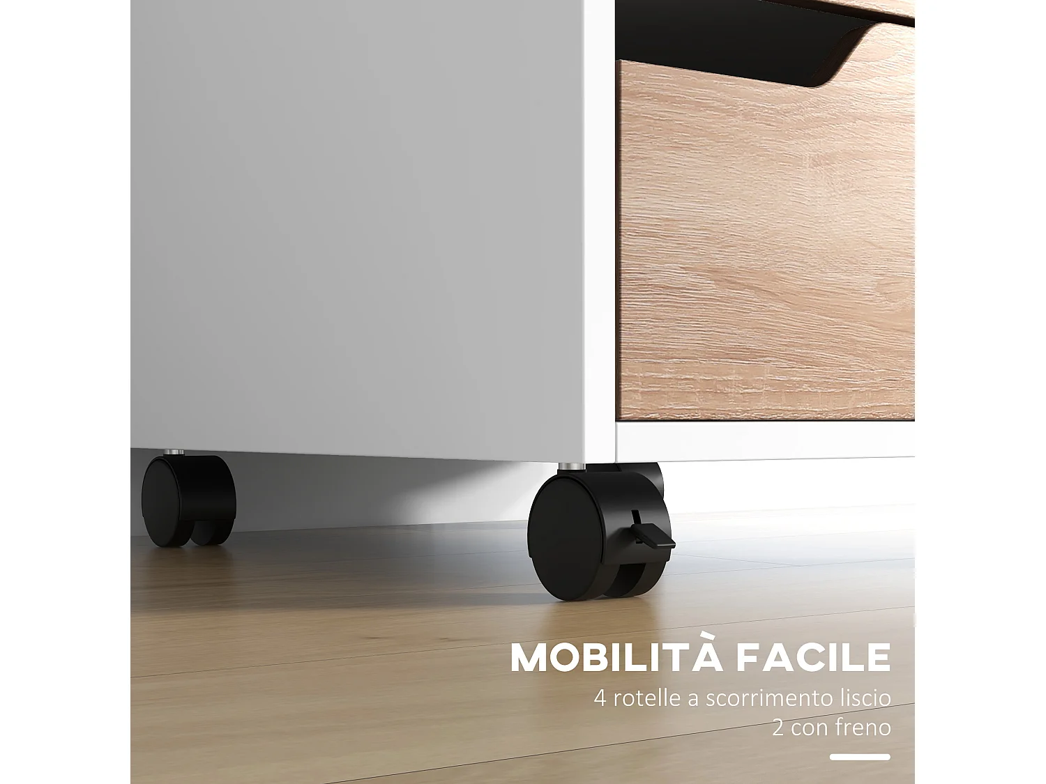 Cassettiera 3 cassetti bianca e color legno con 4 ruote