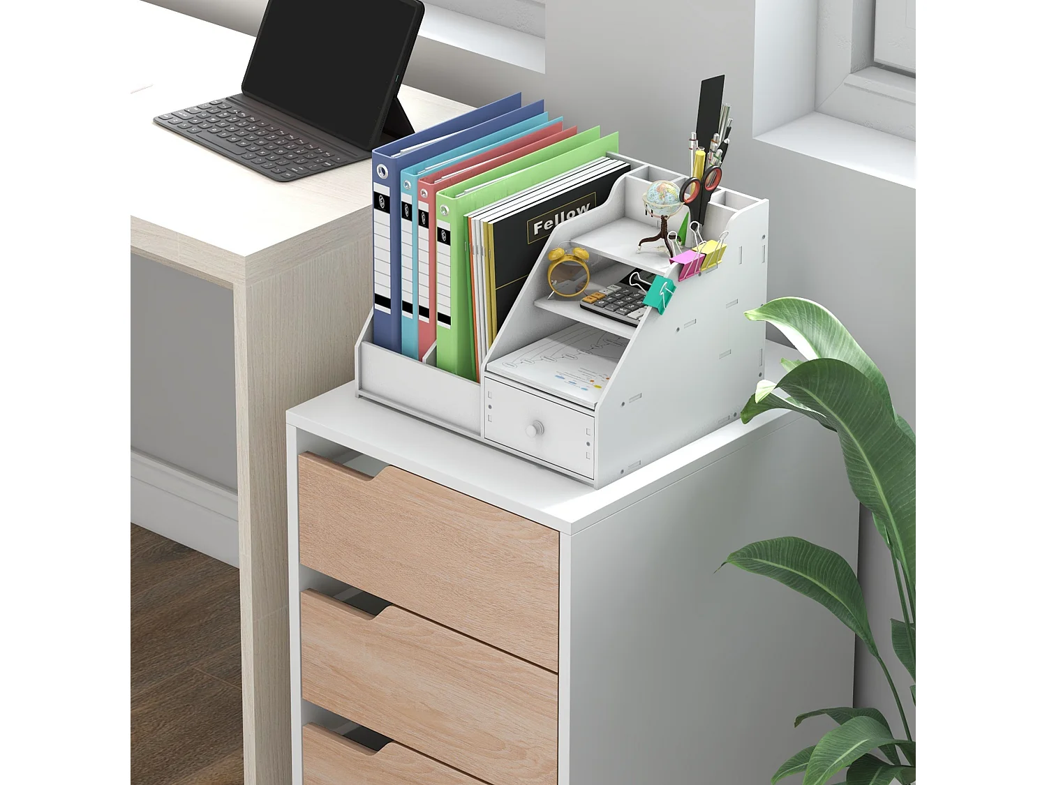 Cassettiera 3 cassetti bianca e color legno con 4 ruote