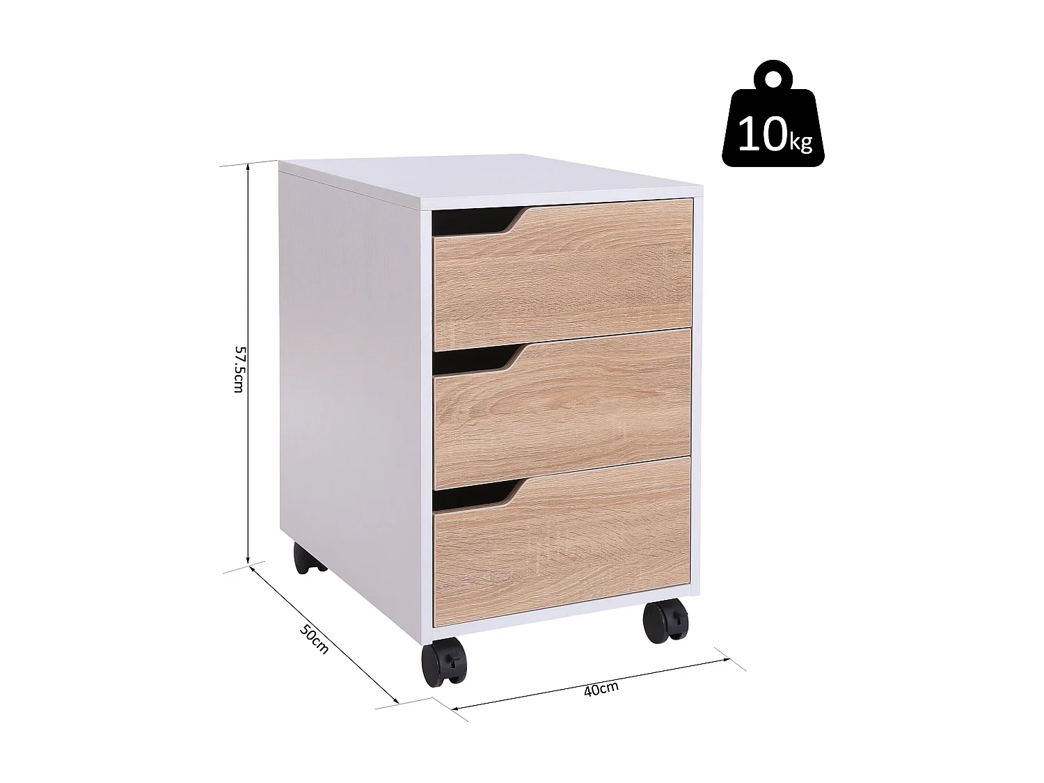 Cassettiera 3 cassetti bianca e color legno con 4 ruote