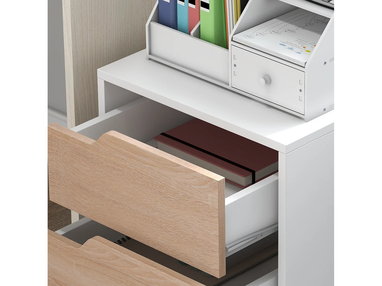 Cassettiera 3 cassetti bianca e color legno con 4 ruote