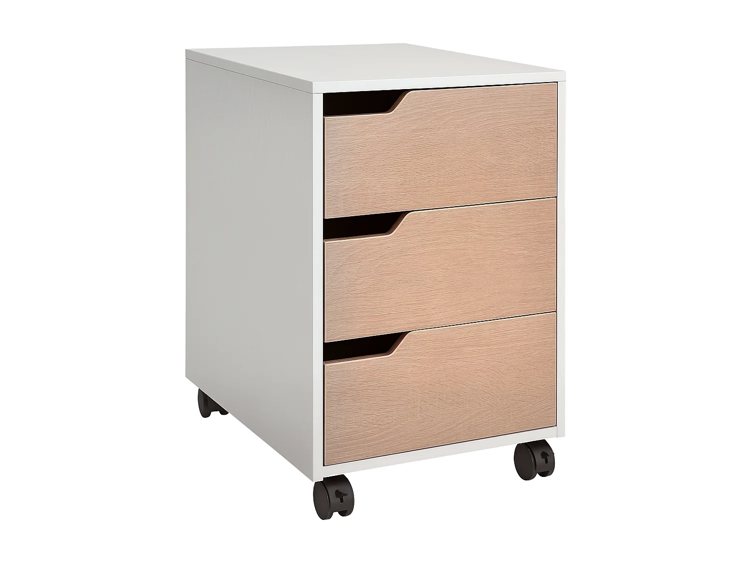 Cassettiera 3 cassetti bianca e color legno con 4 ruote