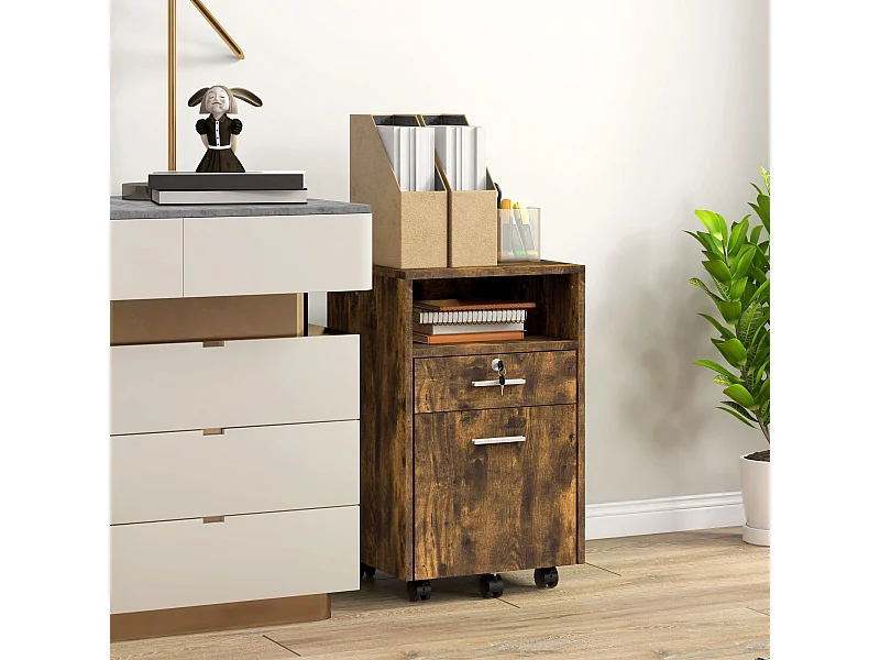 Cassettiera da Ufficio con 2 Cassetti e Ripiano Aperto marrone