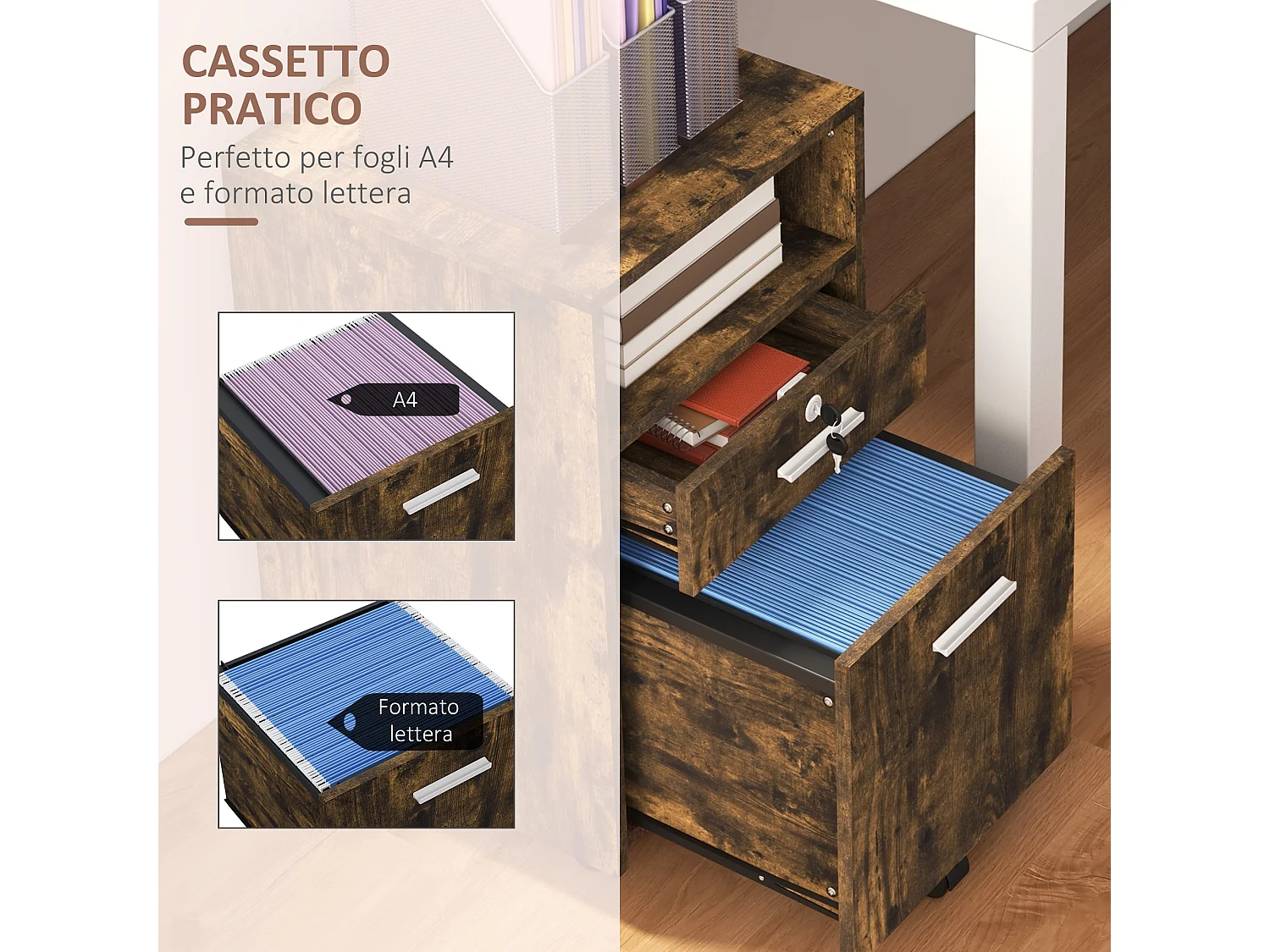 Cassettiera da Ufficio con 2 Cassetti e Ripiano Aperto marrone