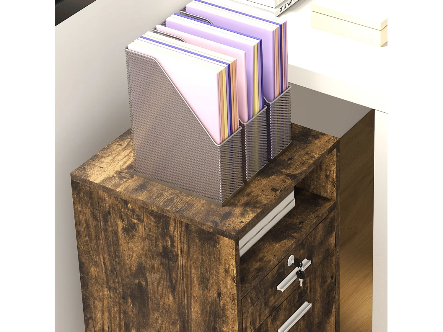 Cassettiera da Ufficio con 2 Cassetti e Ripiano Aperto marrone