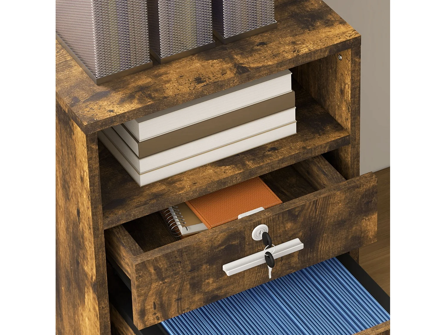 Cassettiera da Ufficio con 2 Cassetti e Ripiano Aperto marrone