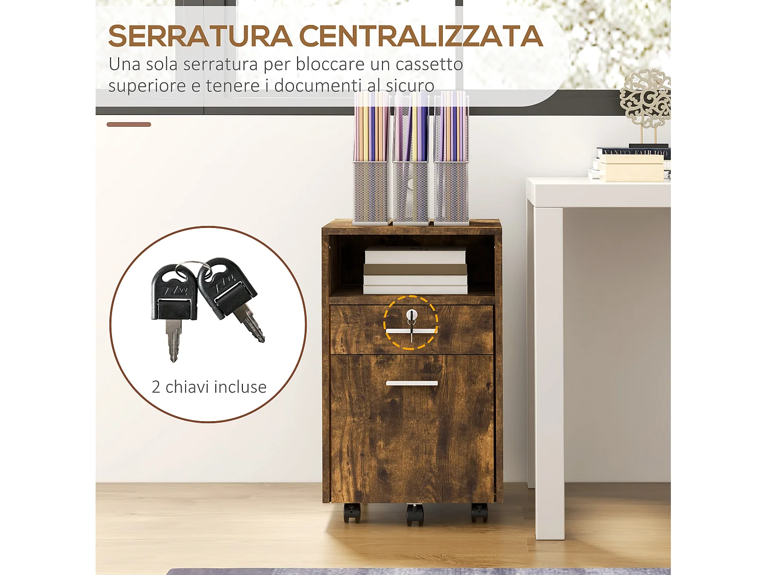 Cassettiera da Ufficio con 2 Cassetti e Ripiano Aperto marrone