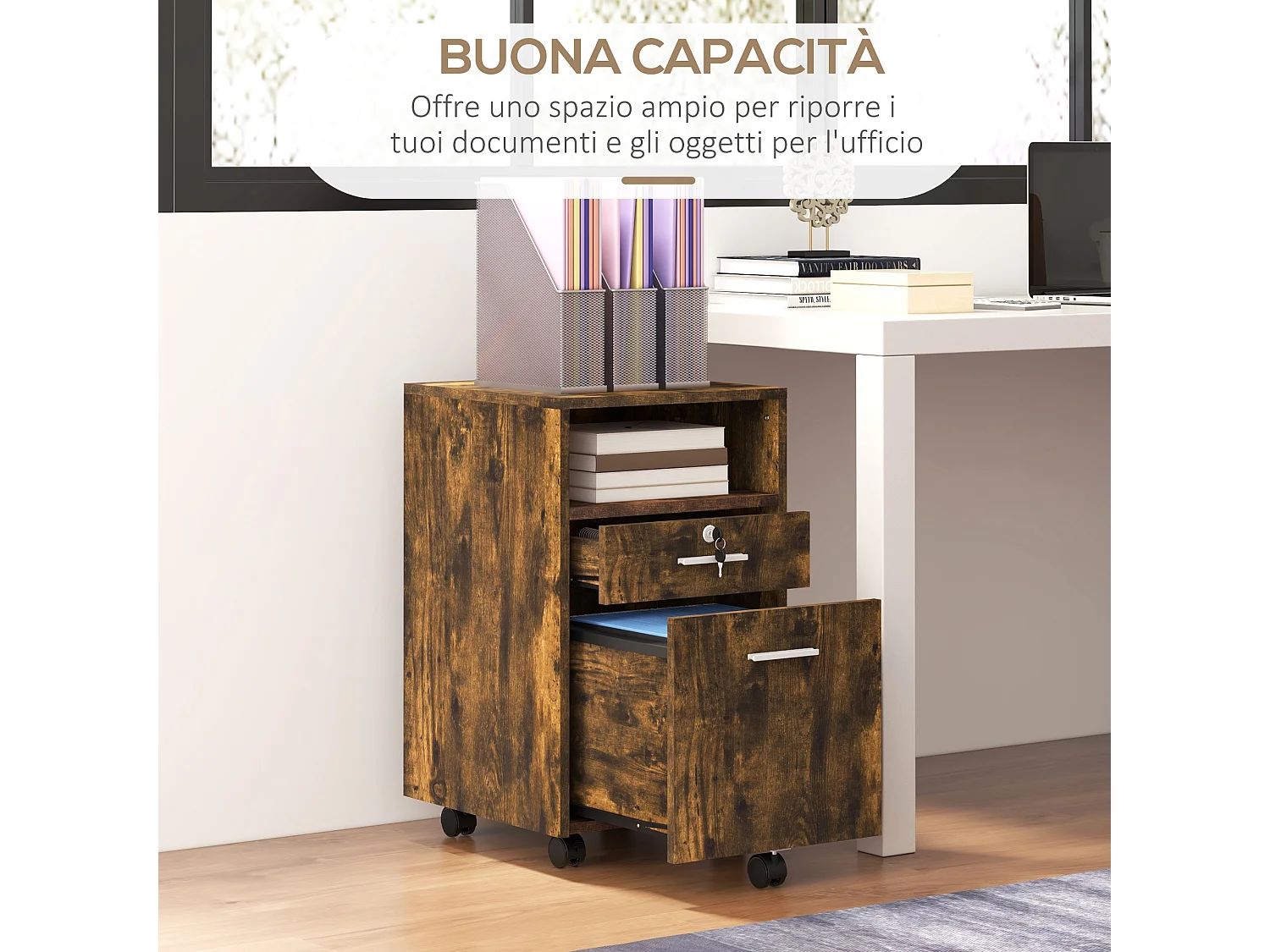 Cassettiera da Ufficio con 2 Cassetti e Ripiano Aperto marrone