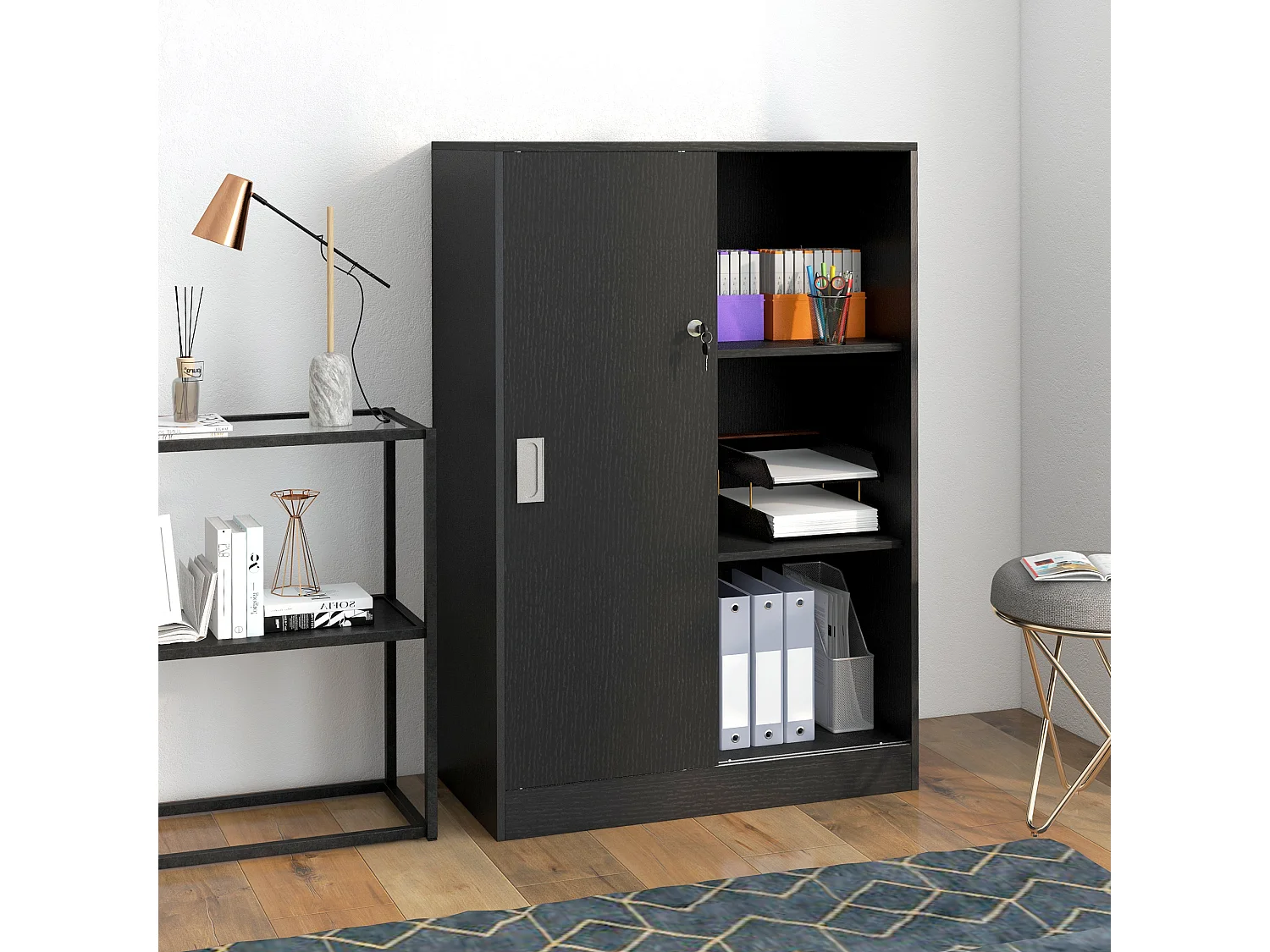 Armadietto da ufficio a 3 ripiani con ante scorrevoli e serratura nero
