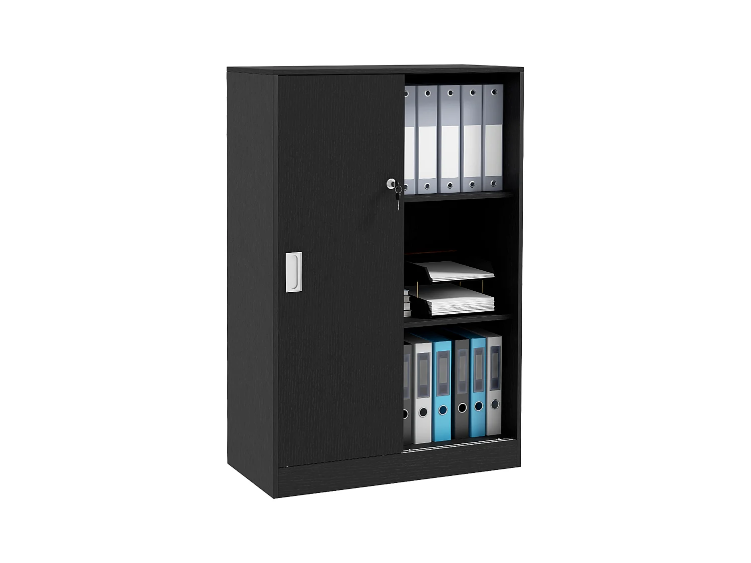 Armadietto da ufficio a 3 ripiani con ante scorrevoli e serratura nero