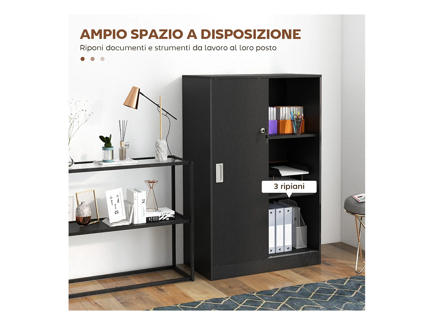 Armadietto da ufficio a 3 ripiani con ante scorrevoli e serratura nero
