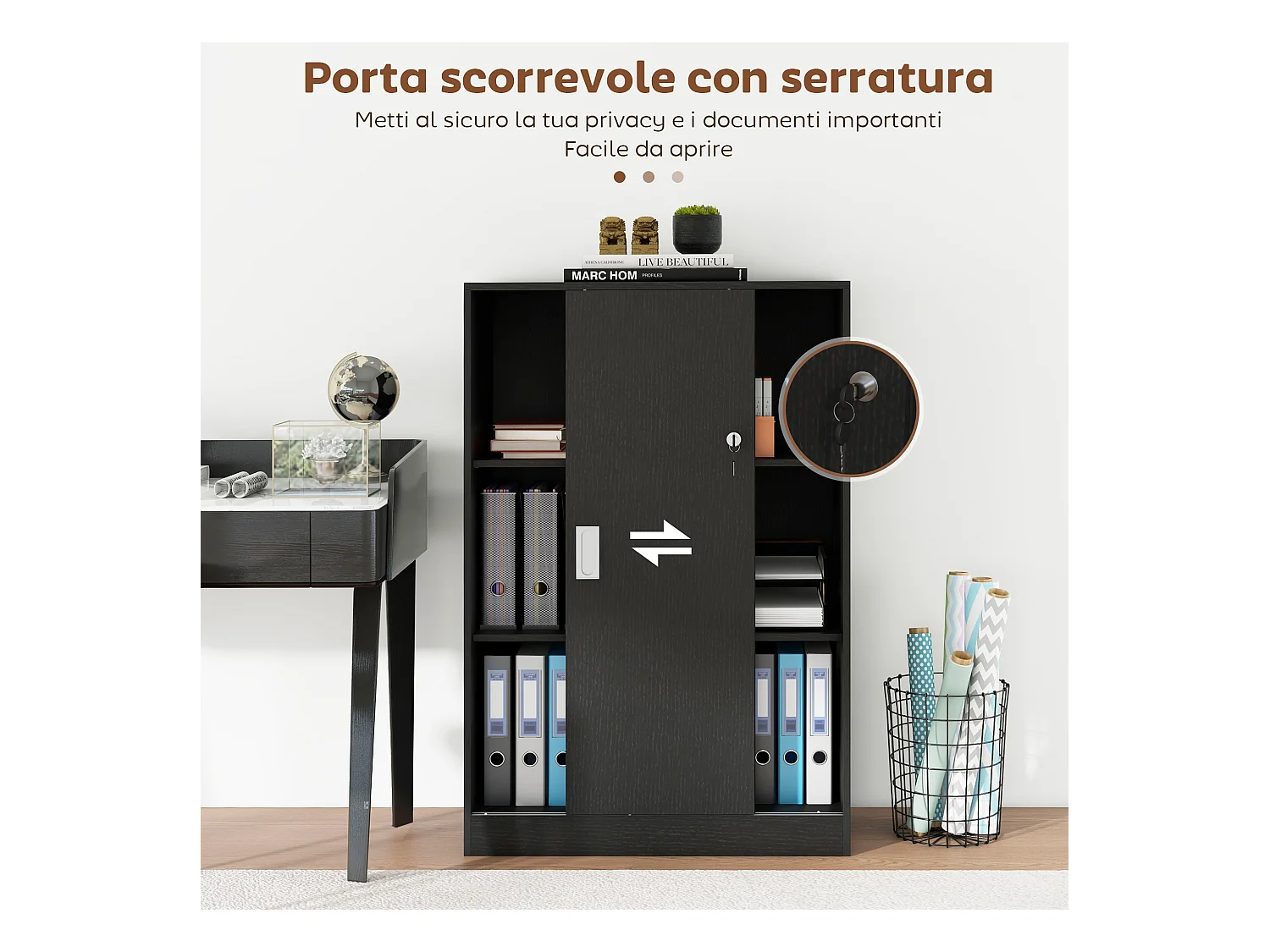 Armadietto da ufficio a 3 ripiani con ante scorrevoli e serratura nero