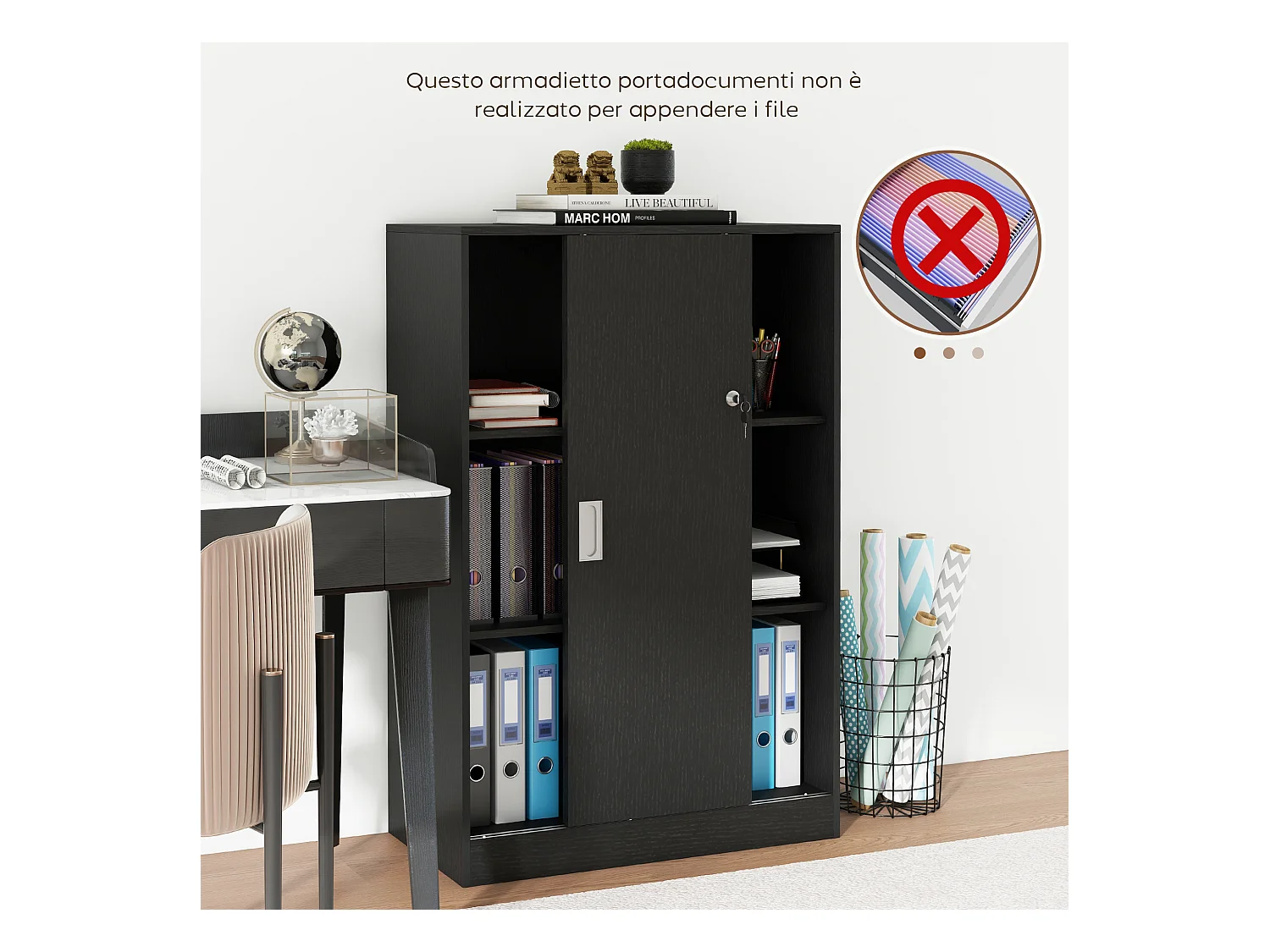 Armadietto da ufficio a 3 ripiani con ante scorrevoli e serratura nero