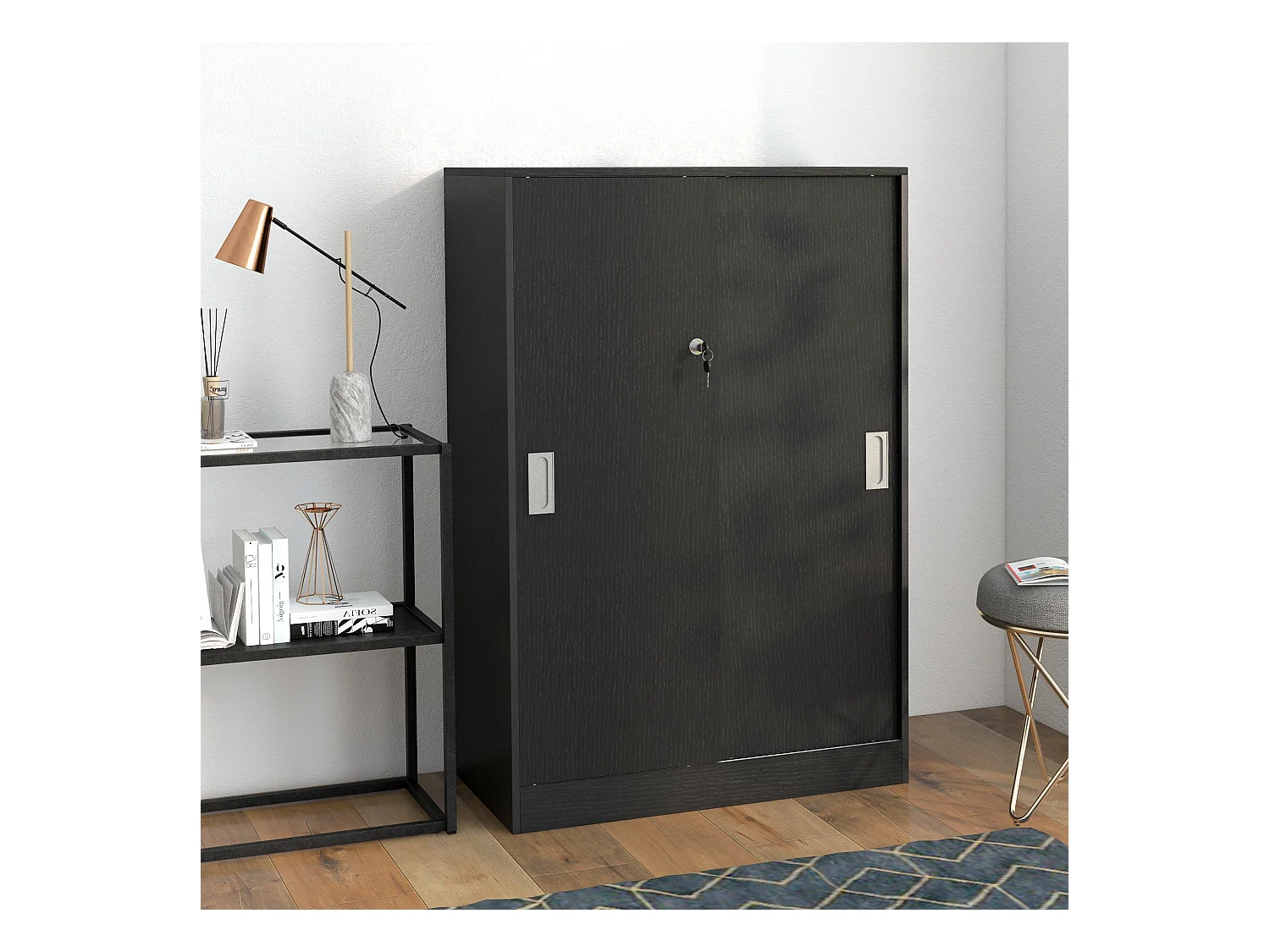 Armadietto da ufficio a 3 ripiani con ante scorrevoli e serratura nero