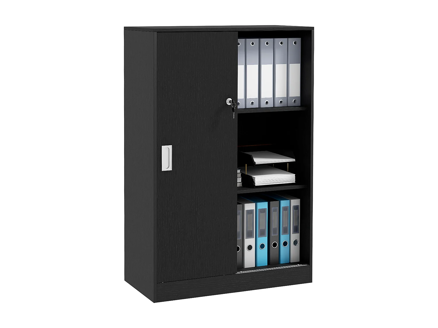 Armadietto da ufficio a 3 ripiani con ante scorrevoli e serratura nero