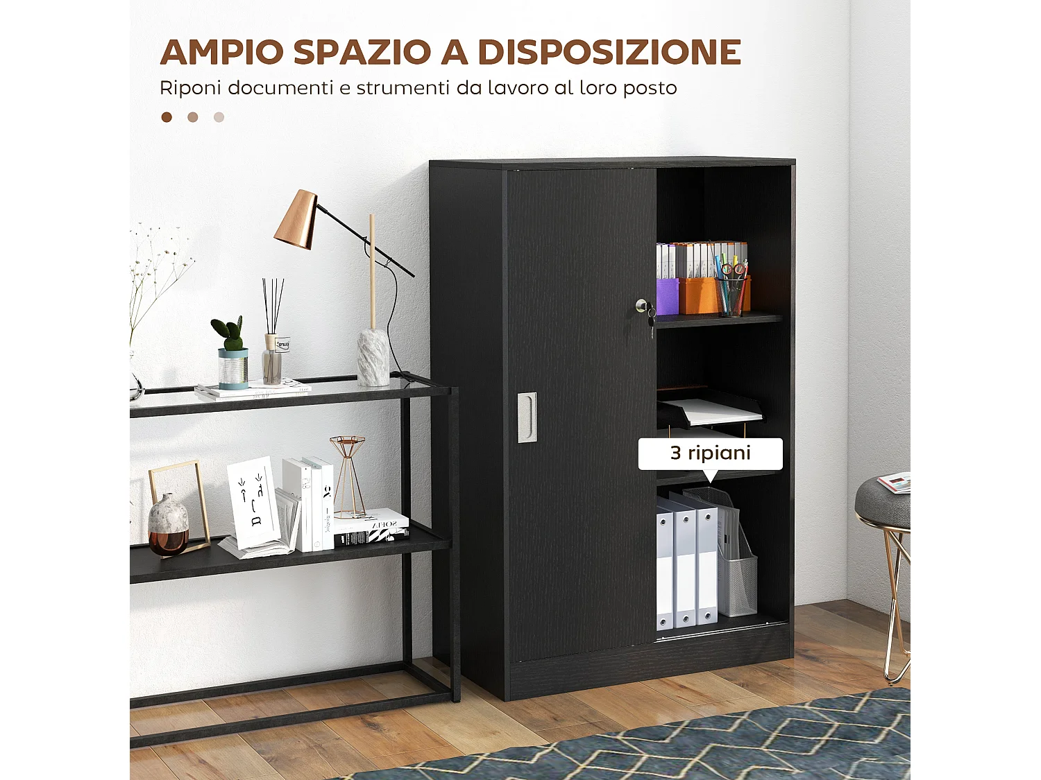 Armadietto da ufficio a 3 ripiani con ante scorrevoli e serratura nero