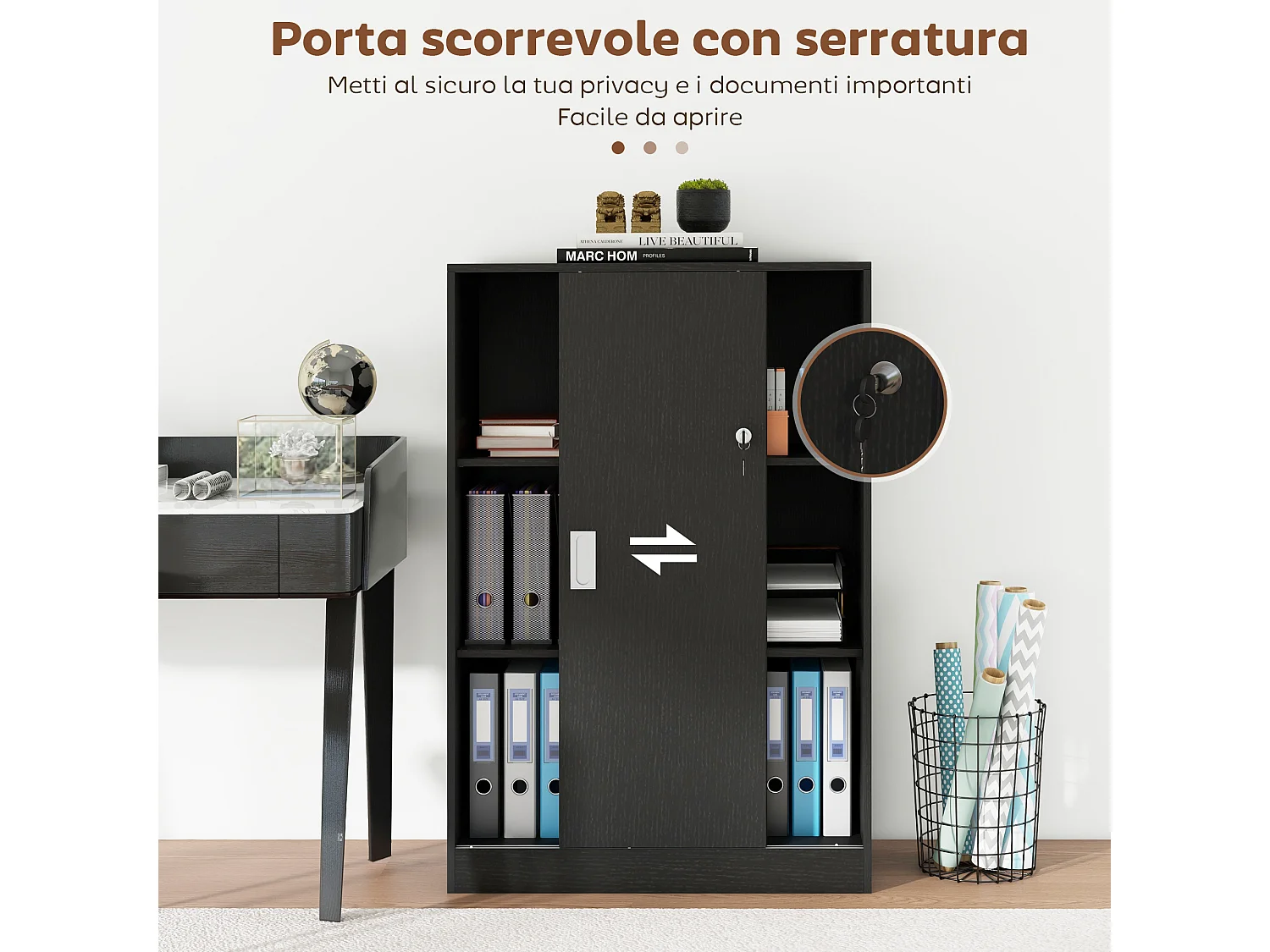 Armadietto da ufficio a 3 ripiani con ante scorrevoli e serratura nero