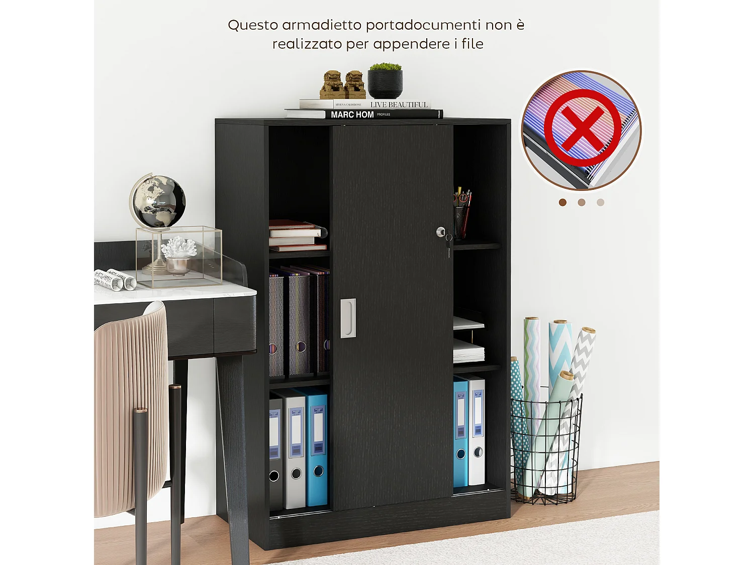 Armadietto da ufficio a 3 ripiani con ante scorrevoli e serratura nero