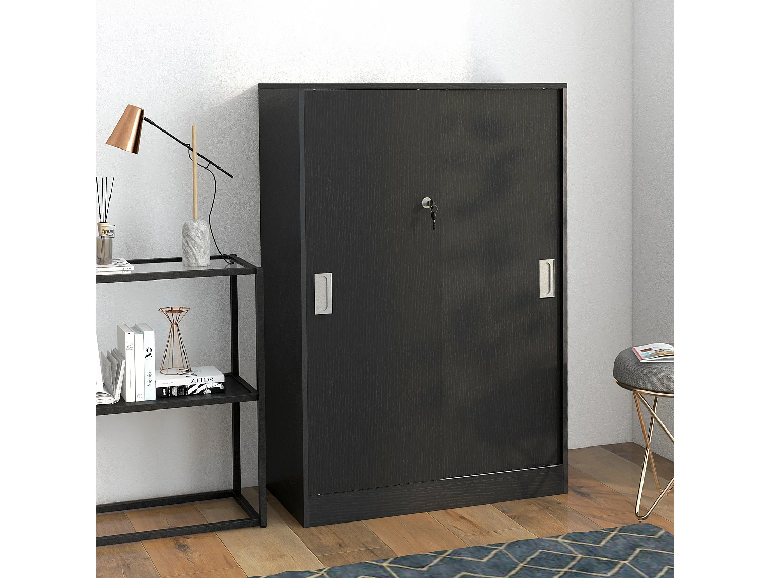 Armadietto da ufficio a 3 ripiani con ante scorrevoli e serratura nero