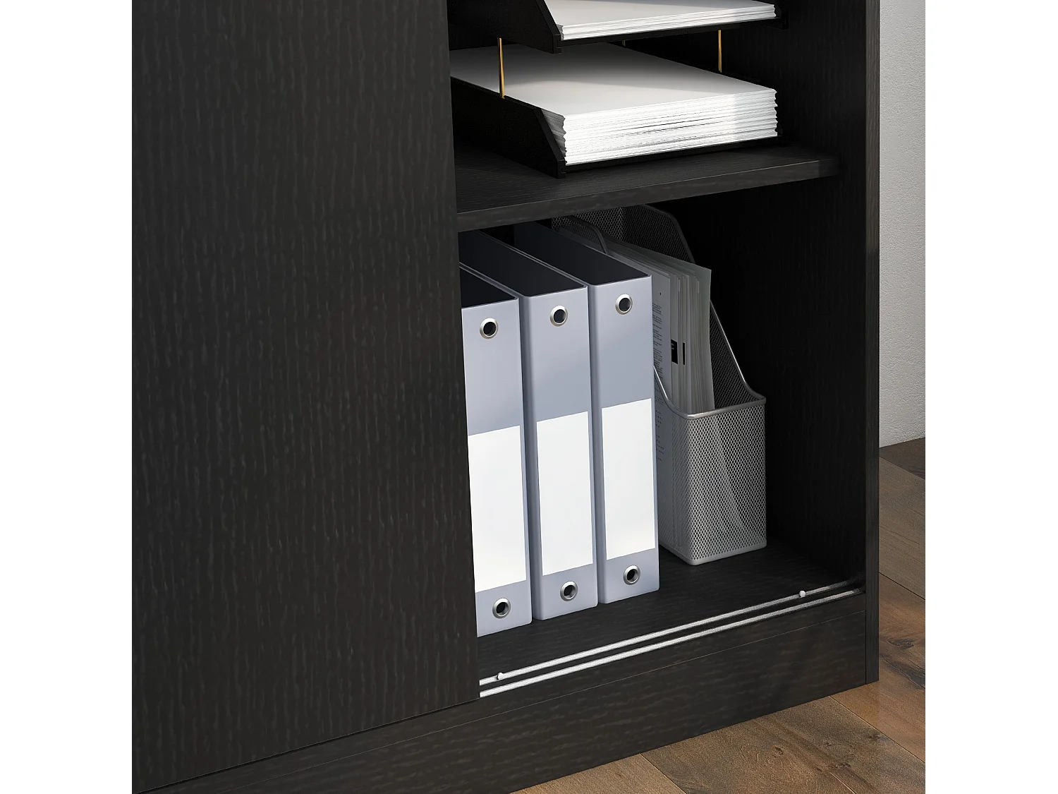 Armadietto da ufficio a 3 ripiani con ante scorrevoli e serratura nero