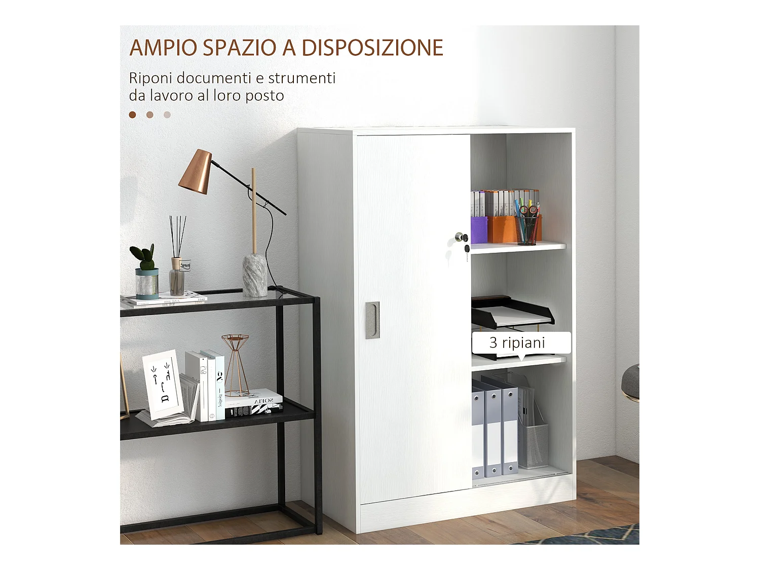 Armadietto da ufficio a 3 ripiani in truciolato bianco