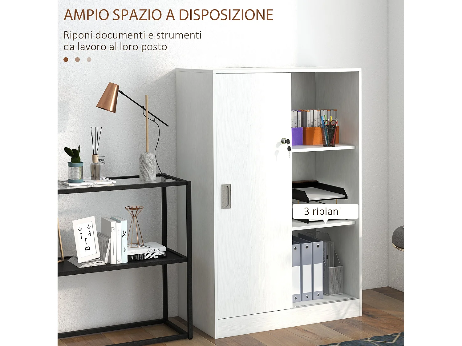 Armadietto da ufficio a 3 ripiani in truciolato bianco