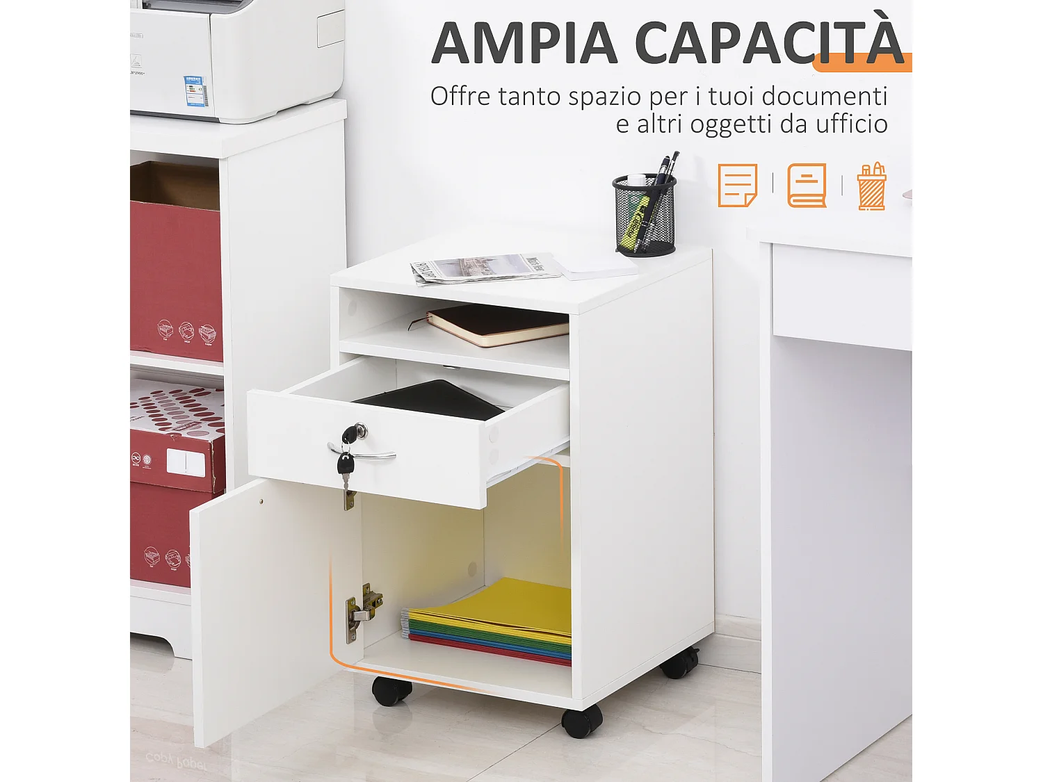 Cassettiera per ufficio in legno con 2 chiavi cassetto e armadietto