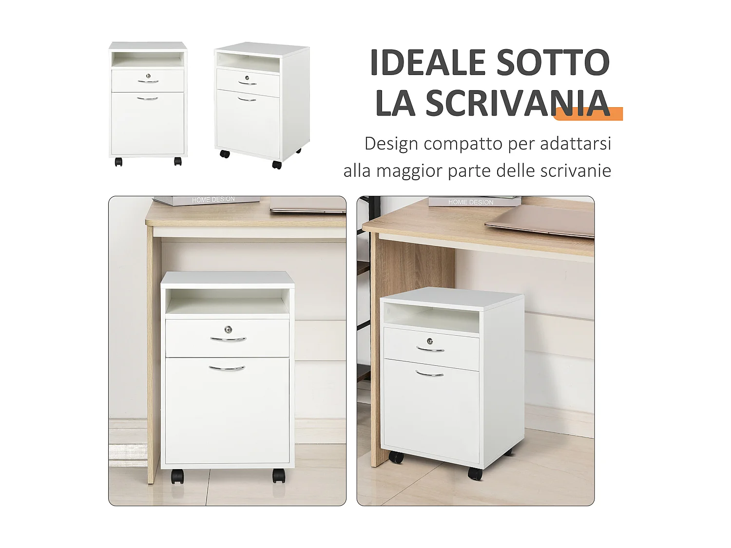 Cassettiera per ufficio in legno con 2 chiavi cassetto e armadietto