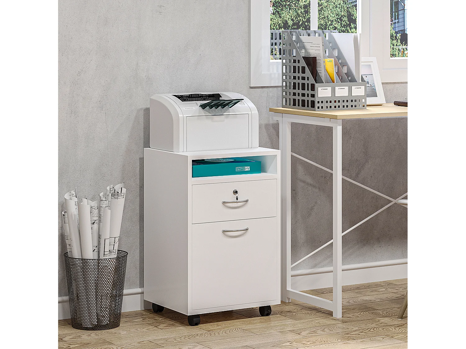 Cassettiera per ufficio in legno con 2 chiavi cassetto e armadietto