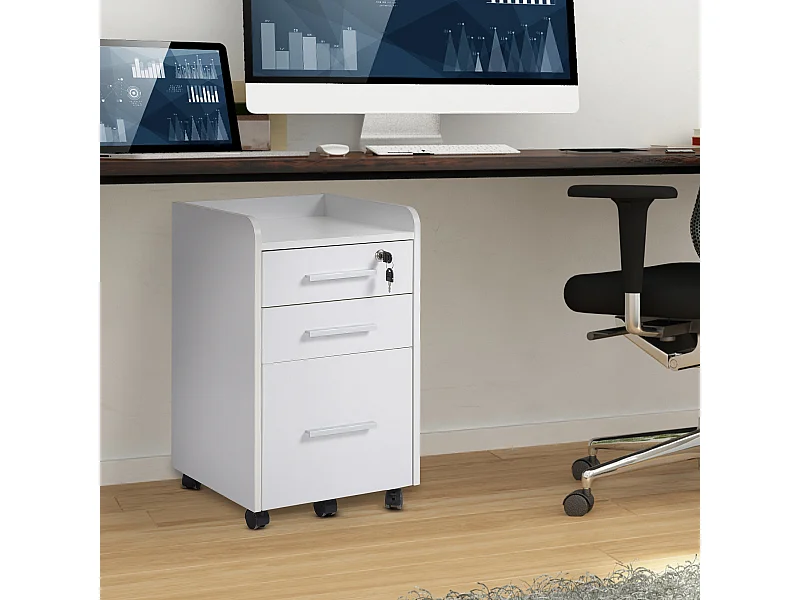 Cassettiera da ufficio con 3 cassetti e serratura in legno bianco