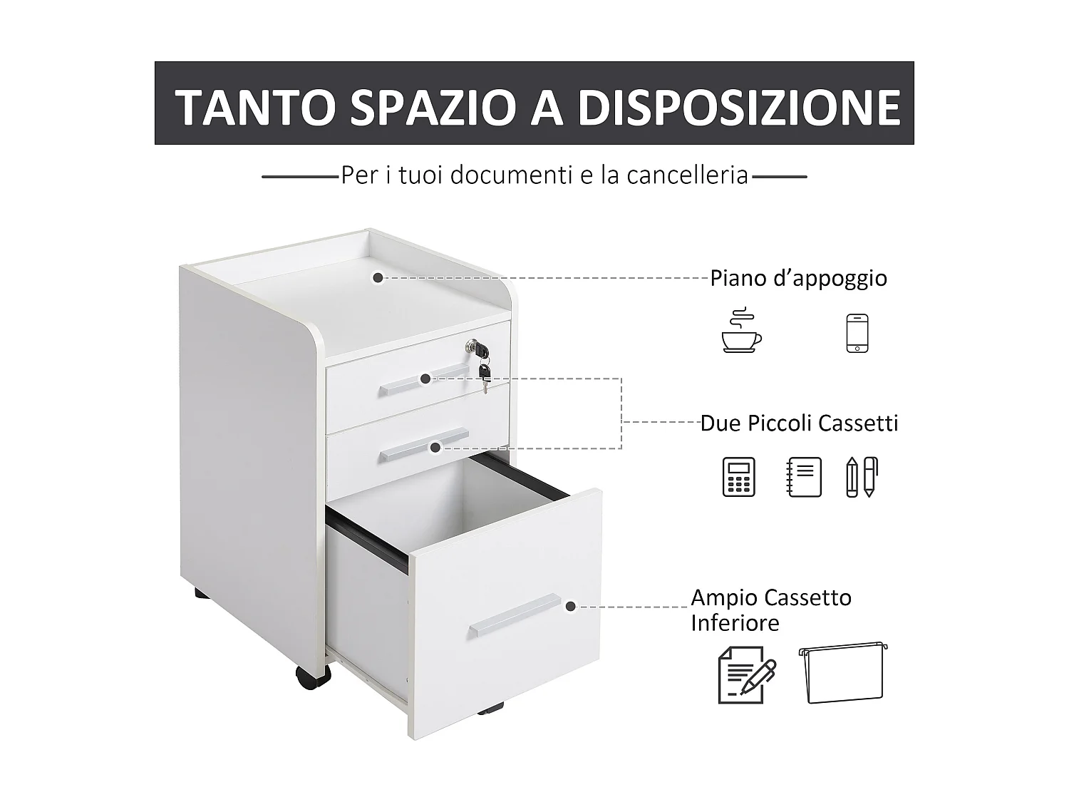 Cassettiera da ufficio con 3 cassetti e serratura in legno bianco