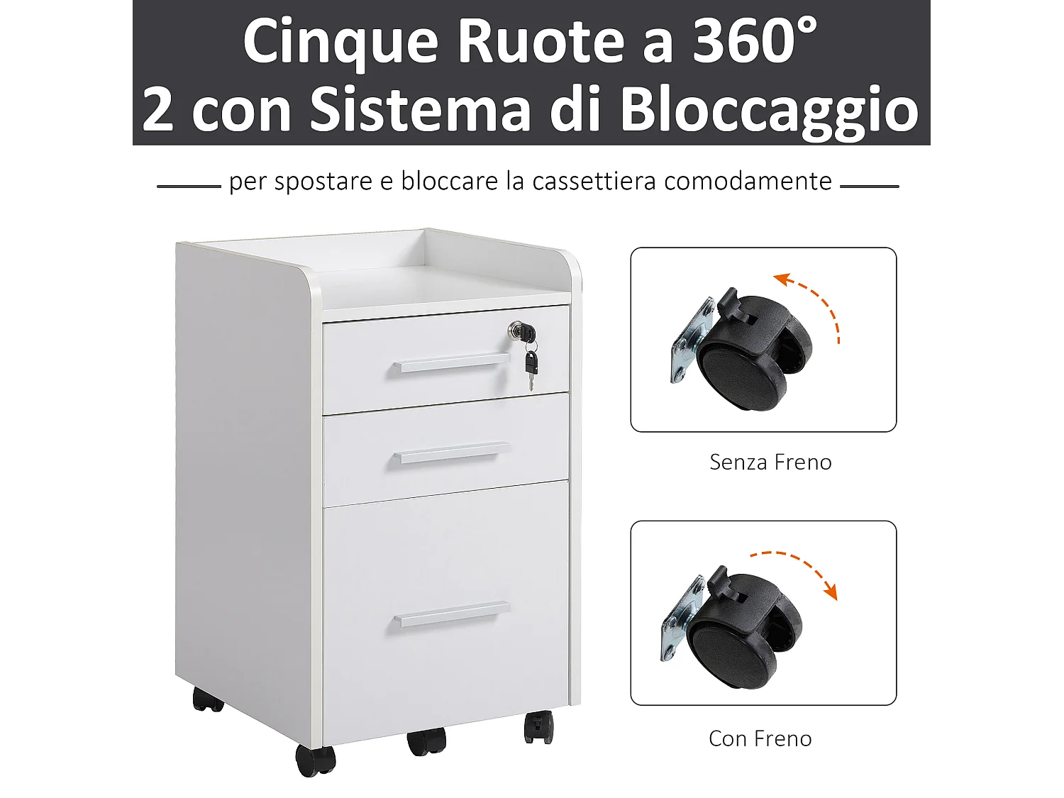 Cassettiera da ufficio con 3 cassetti e serratura in legno bianco
