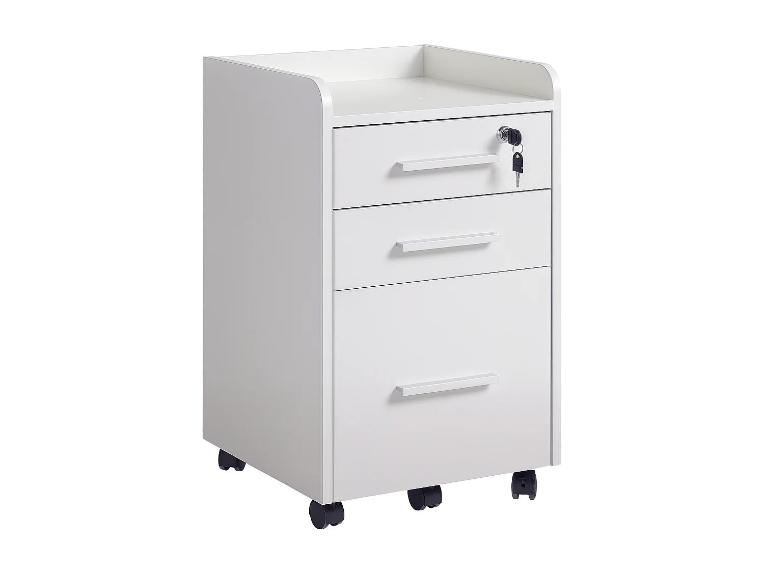 Cassettiera da ufficio con 3 cassetti e serratura in legno bianco