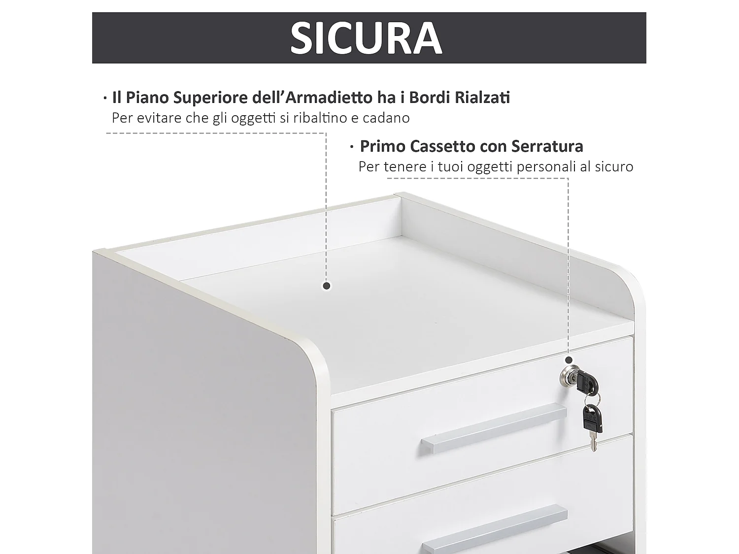 Cassettiera da ufficio con 3 cassetti e serratura in legno bianco