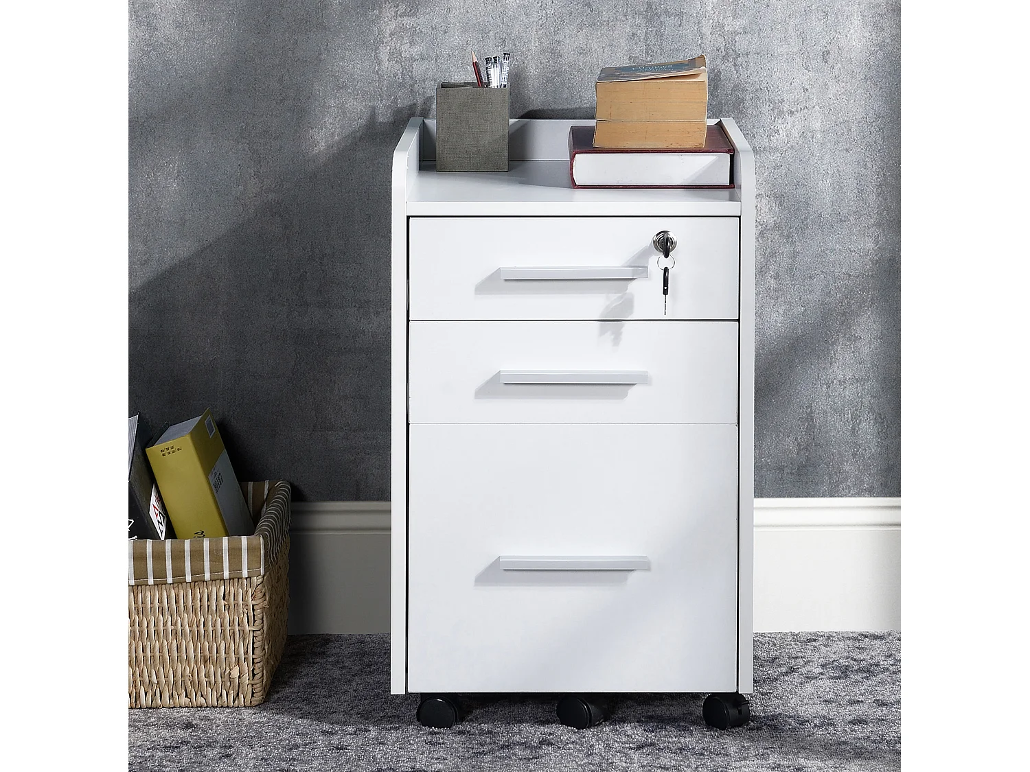 Cassettiera da ufficio con 3 cassetti e serratura in legno bianco