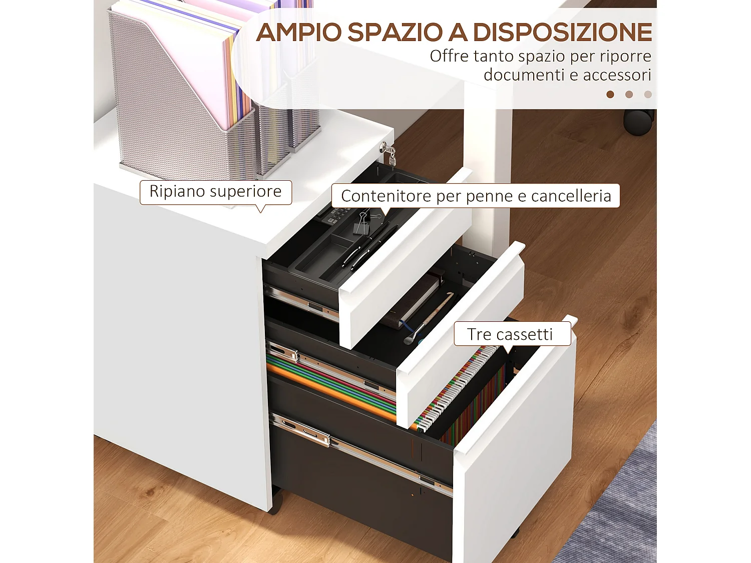 Mobiletto da ufficio a 3 cassetti in acciaio bianco